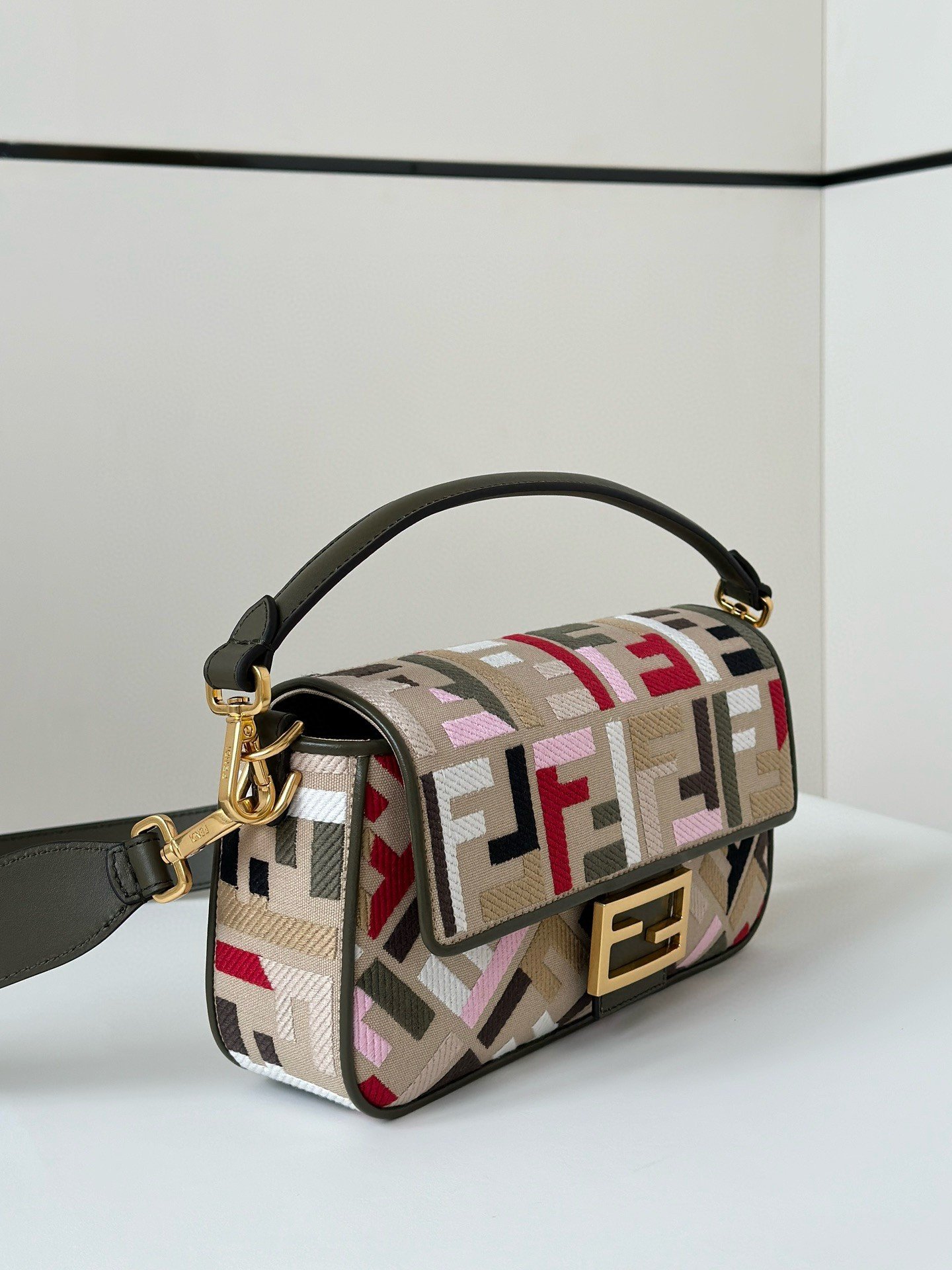 Fendi Baguette Medium Bag in Canvas with Multicolor FF Embroidery