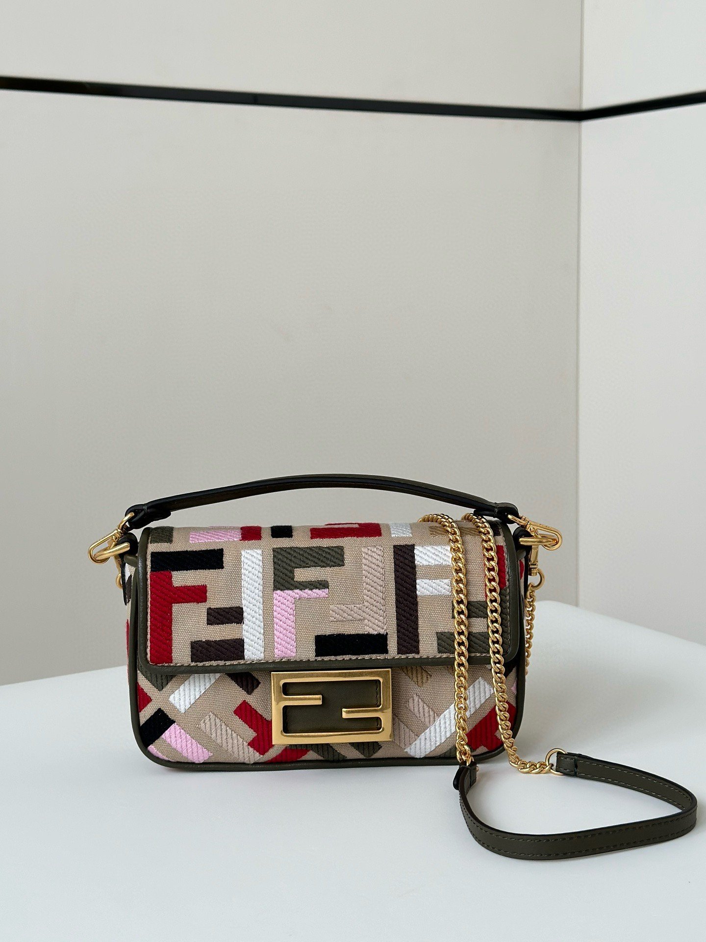 Fendi Baguette Mini Bag in Canvas with Multicolor FF Embroidery