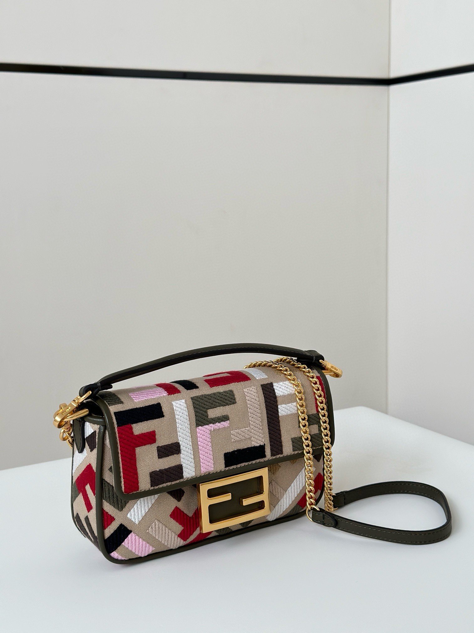 Fendi Baguette Mini Bag in Canvas with Multicolor FF Embroidery