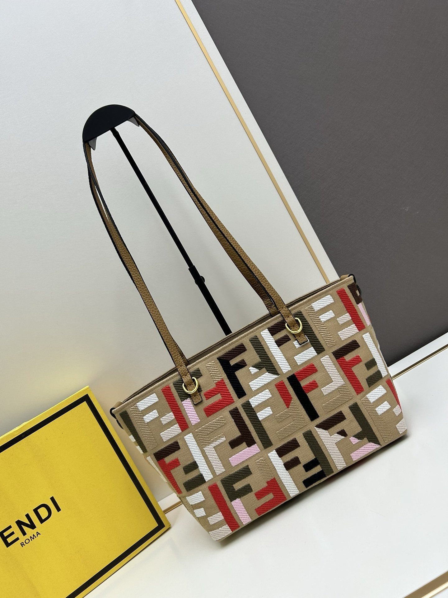 Fendi Small Roll Tote in Canvas with Multicolor FF Embroidery