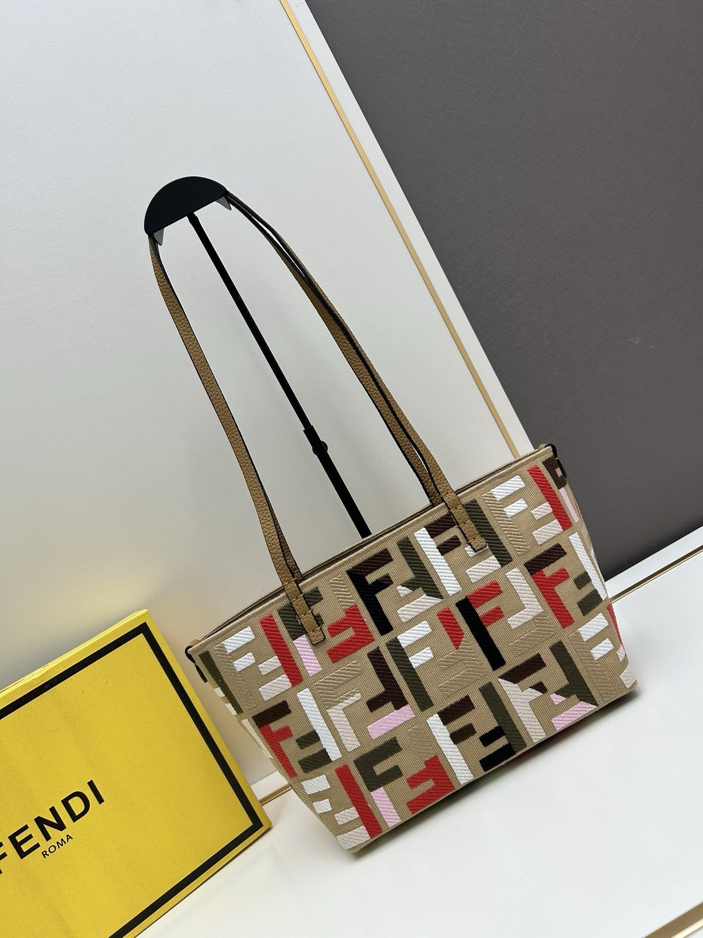 Fendi Small Roll Tote in Canvas with Multicolor FF Embroidery