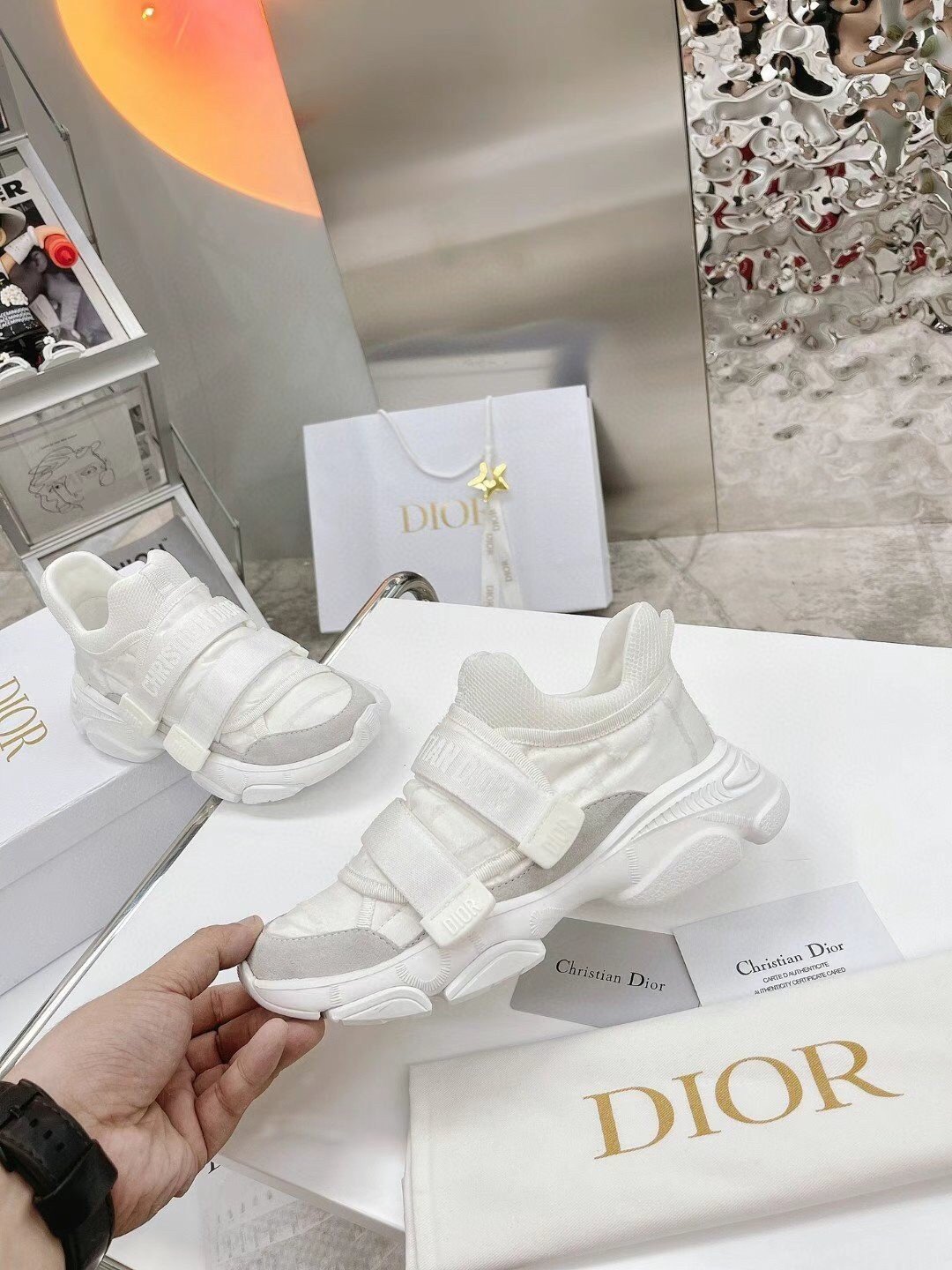 Dior D-Wander Sneakers In White Camouflage Technical Fabric