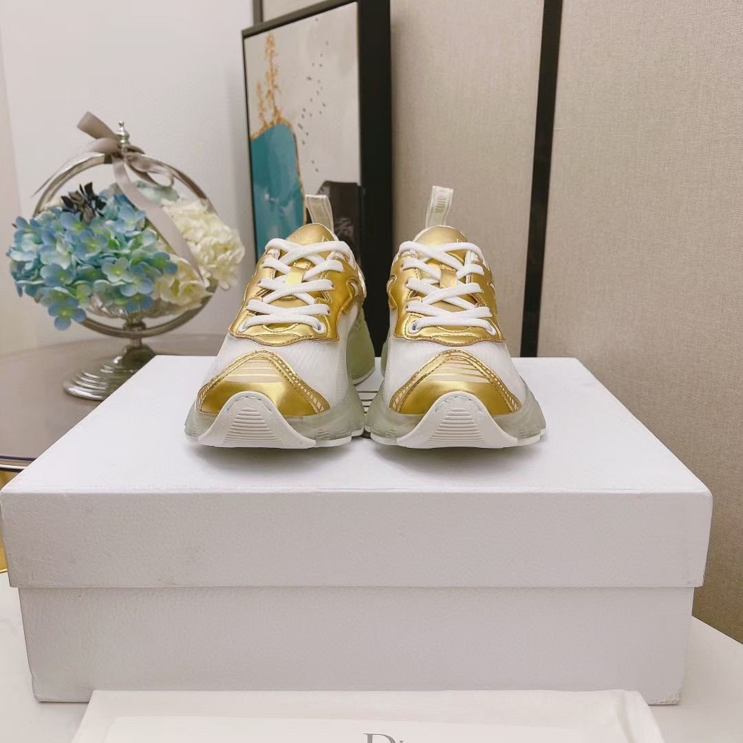 Dior Vibe Sneakers In White Mesh and Gold Leather