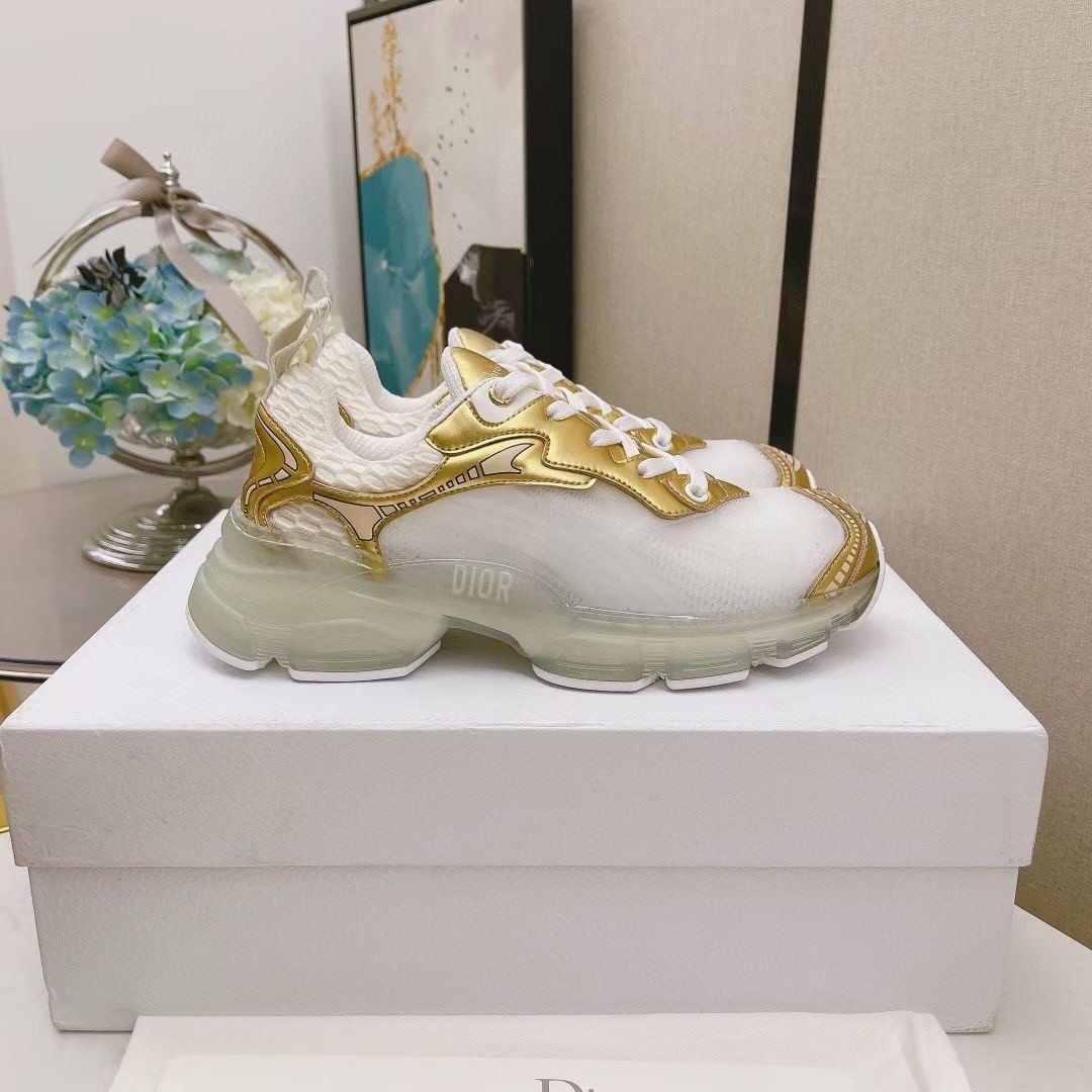 Dior Vibe Sneakers In White Mesh and Gold Leather