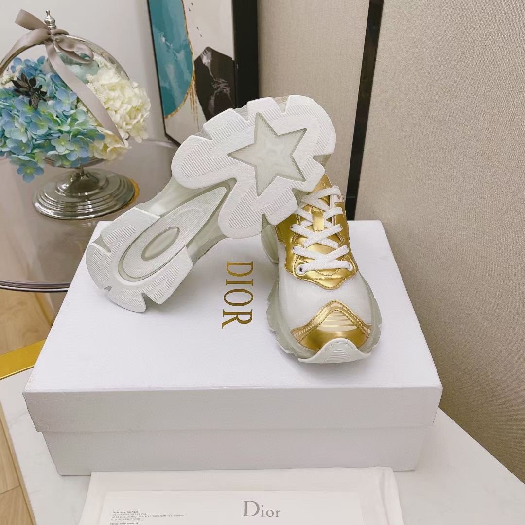 Dior Vibe Sneakers In White Mesh and Gold Leather