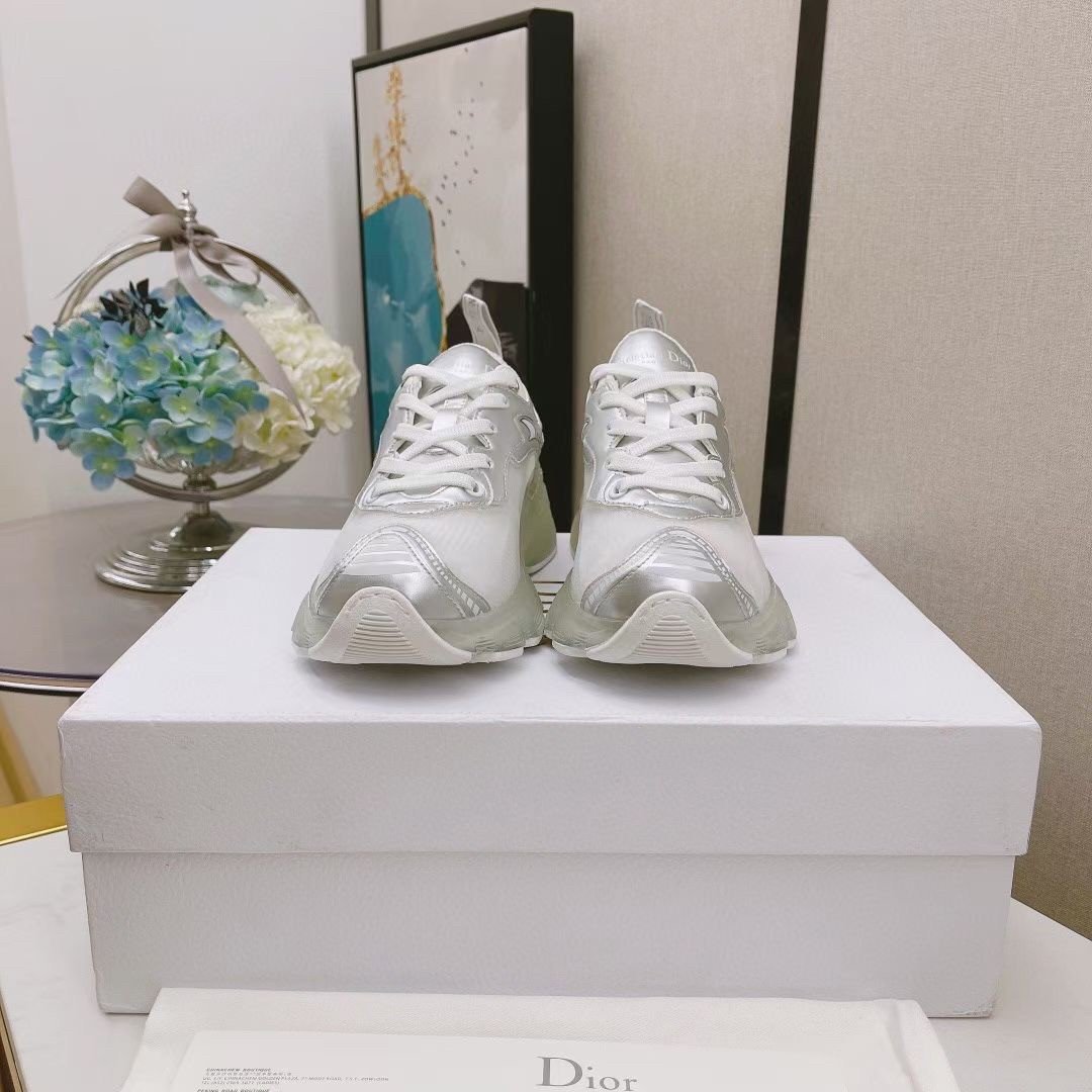 Dior Vibe Sneakers In White Mesh and Silver Leather