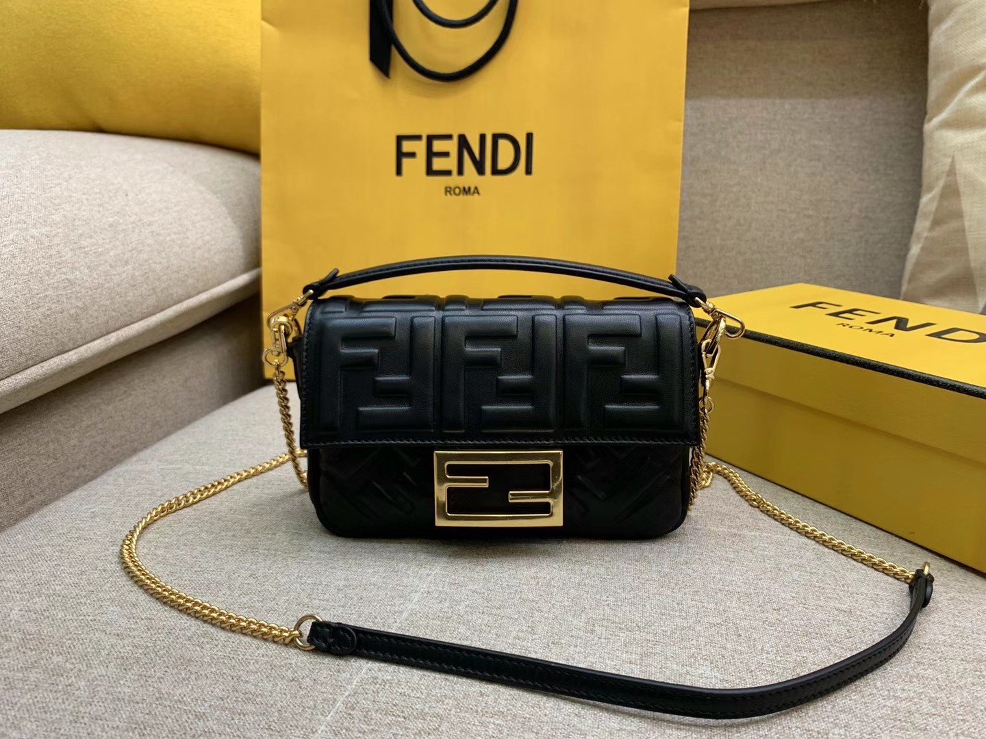 Fendi Small Baguette Bag In Black FF Nappa Leather