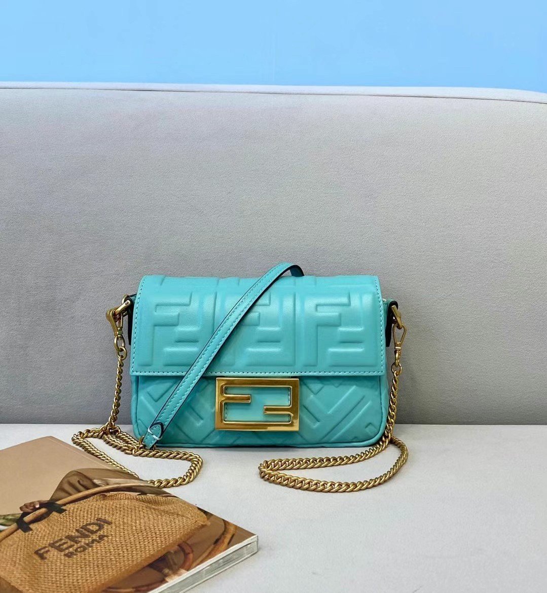 Fendi Small Baguette Bag In Blue FF Nappa Leather