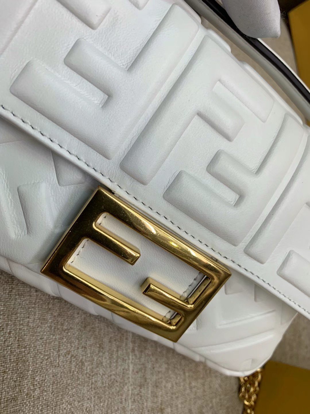 Fendi Small Baguette Bag In White FF Nappa Leather