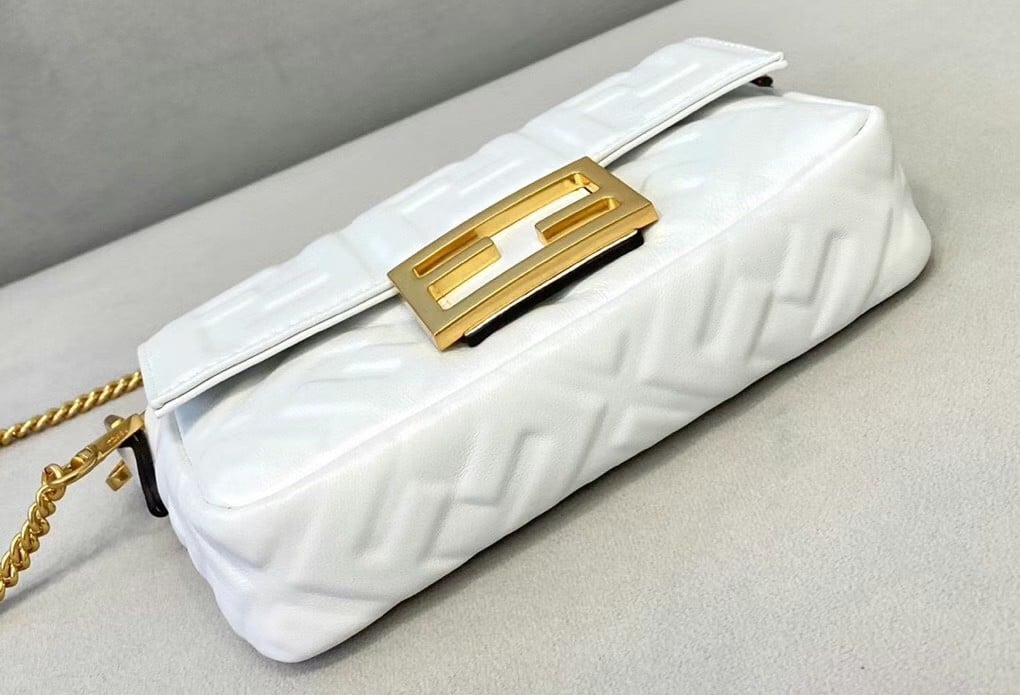 Fendi Small Baguette Bag In White FF Nappa Leather