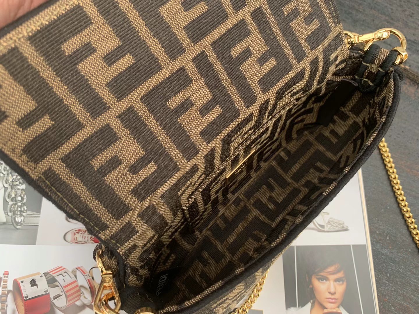 Fendi Small Baguette Bag In Brown FF Jacquard Fabric