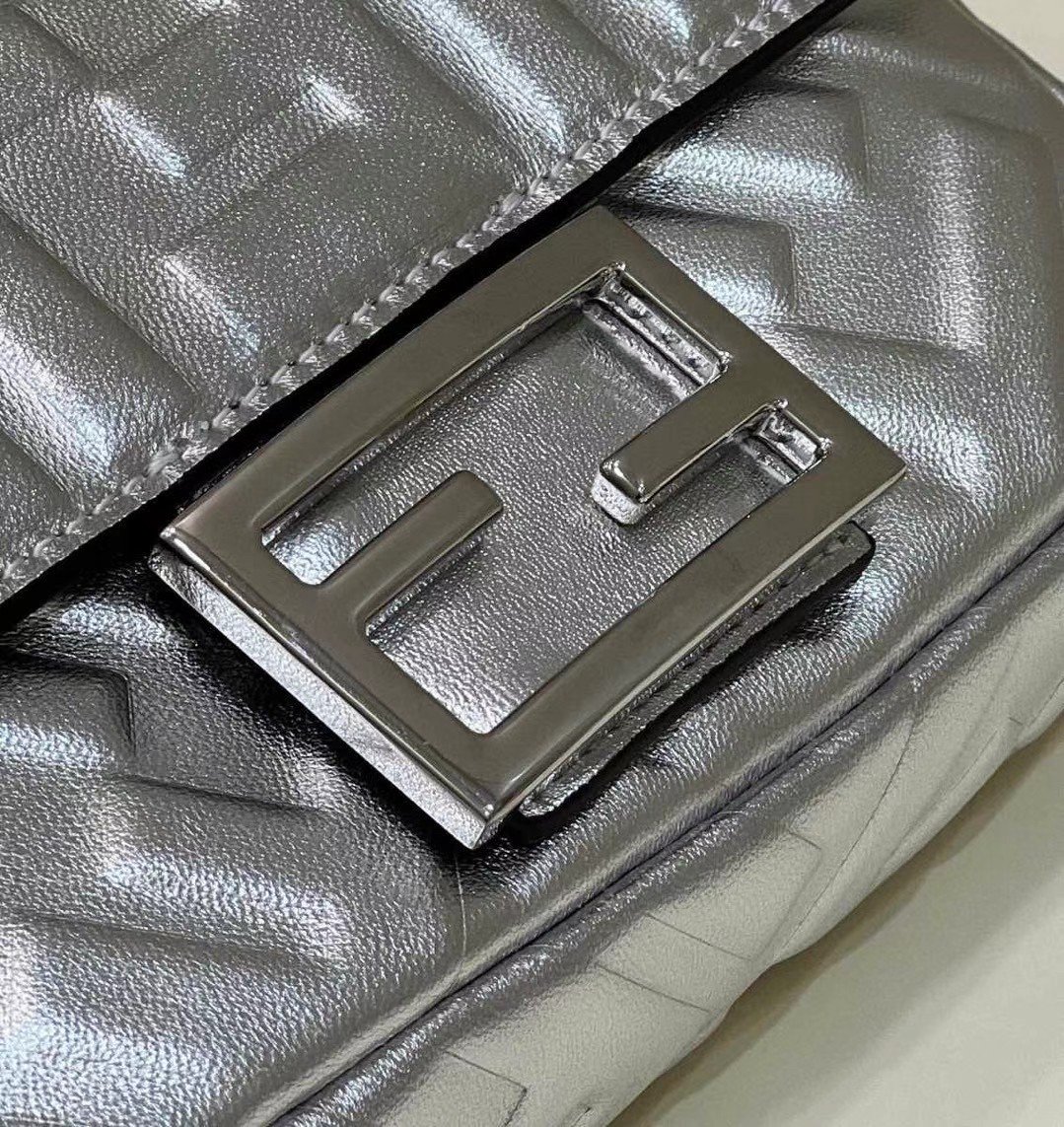 Fendi Small Baguette Bag In Silver FF Metallic Leather