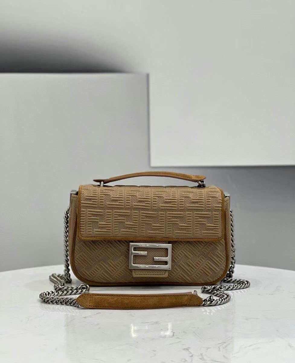 Fendi Baguette Chain Midi Bag In Beige FF Fabric