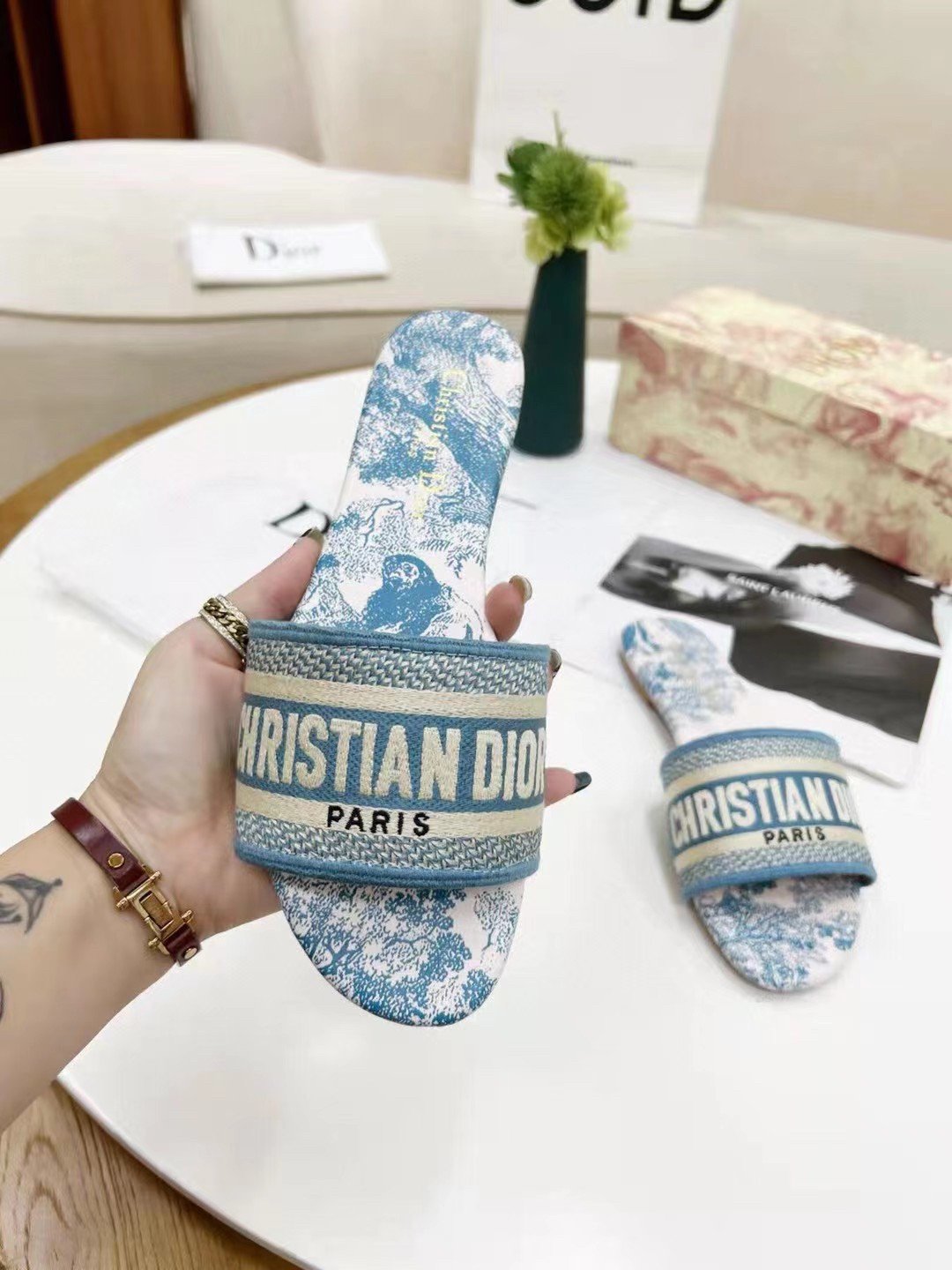 Dior Dway Slides In Light Blue Toile de Jouy Embroidered Cotton