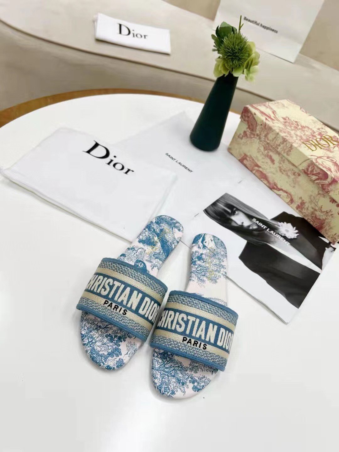 Dior Dway Slides In Light Blue Toile de Jouy Embroidered Cotton