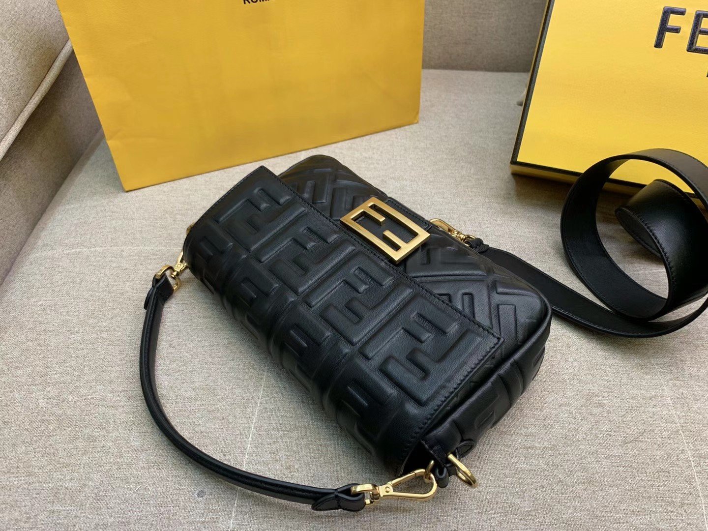 Fendi Medium Baguette Bag In Black FF Nappa Leather