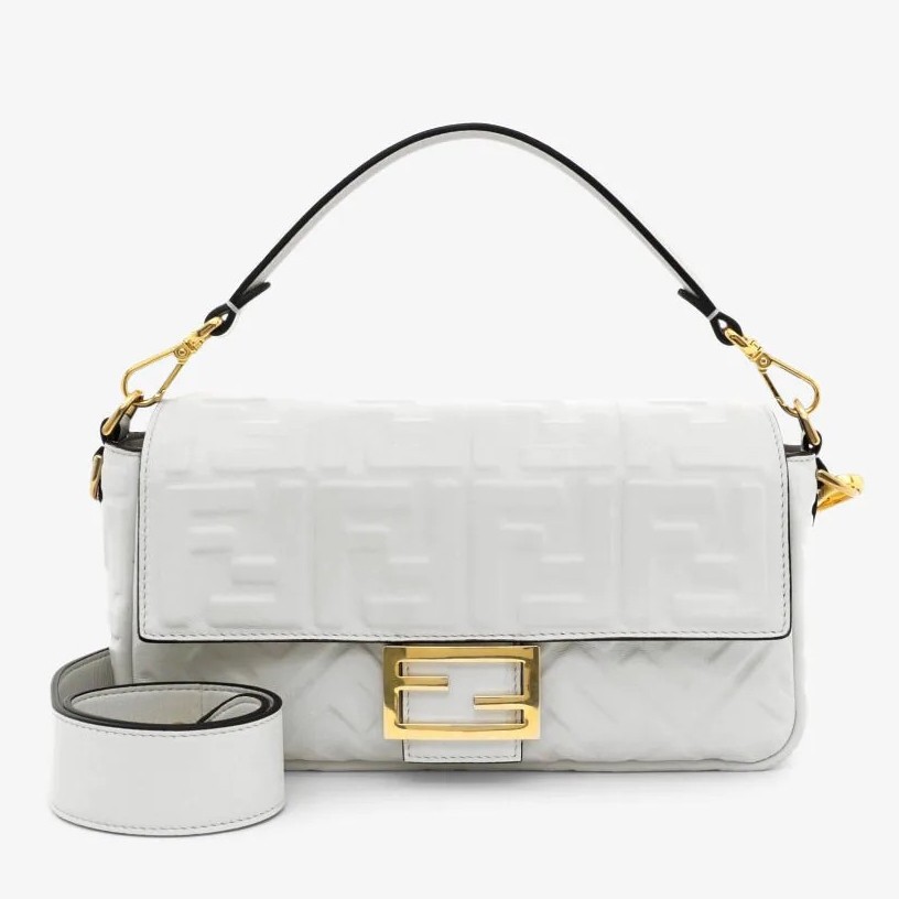 Fendi Medium Baguette Bag In White FF Nappa Leather