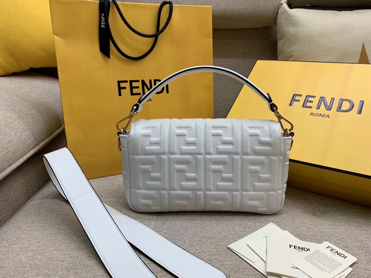 Fendi Medium Baguette Bag In White FF Nappa Leather