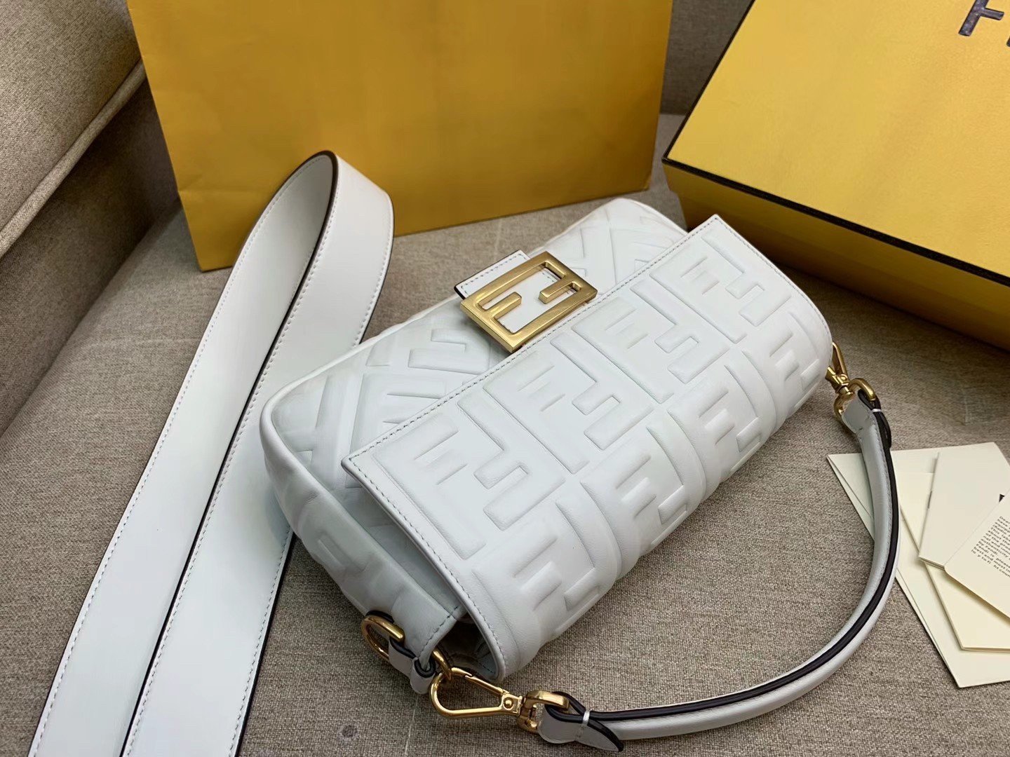 Fendi Medium Baguette Bag In White FF Nappa Leather