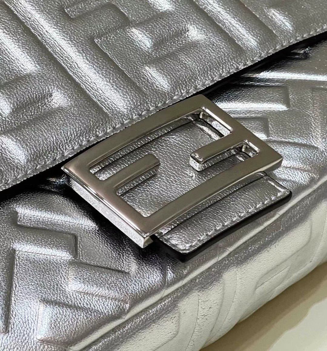 Fendi Medium Baguette Bag In Silver FF Metallic Leather