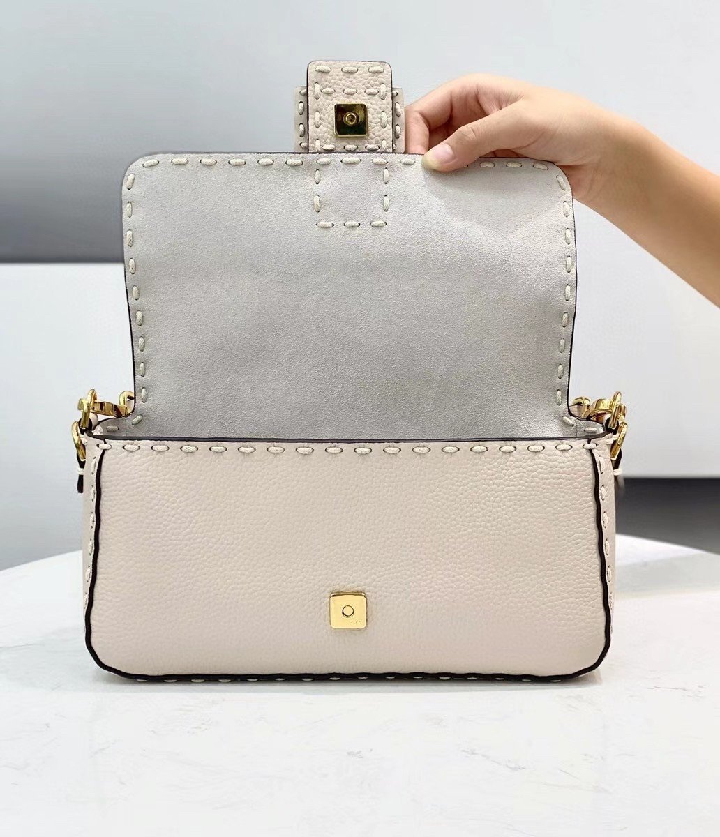 Fendi Medium Baguette Bag In White Grained Leather