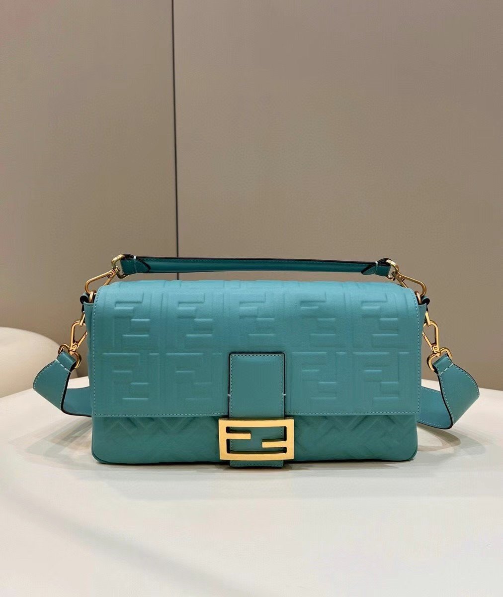 Fendi Large Baguette Bag In Blue FF Nappa Leather