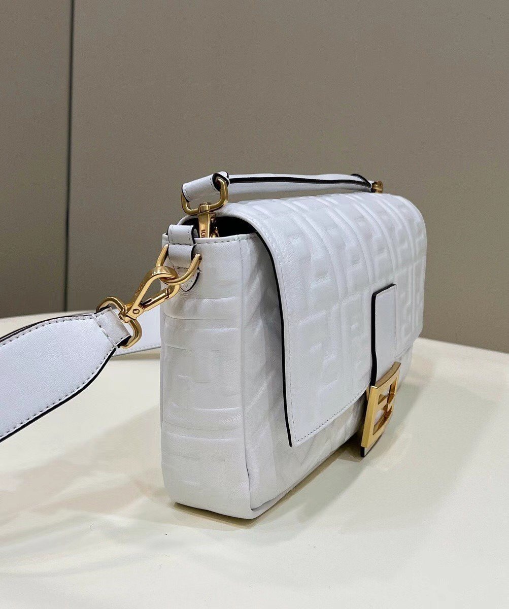 Fendi Large Baguette Bag In White FF Nappa Leather