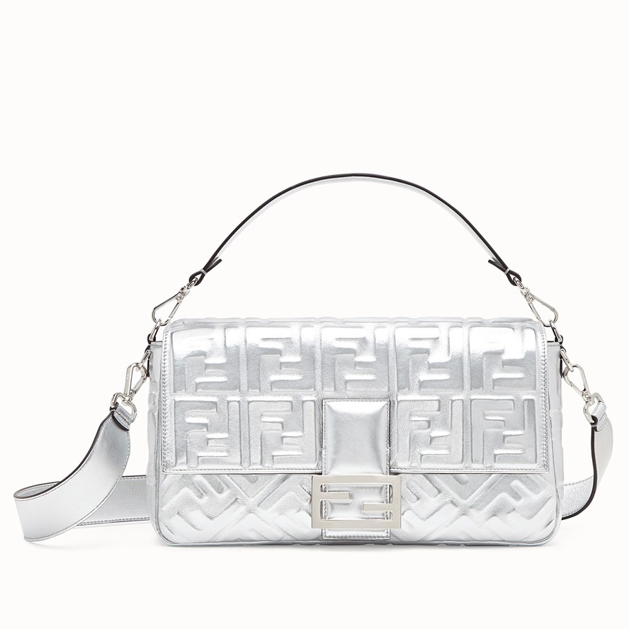 Fendi Large Baguette Bag In Silver FF Metallic Leather