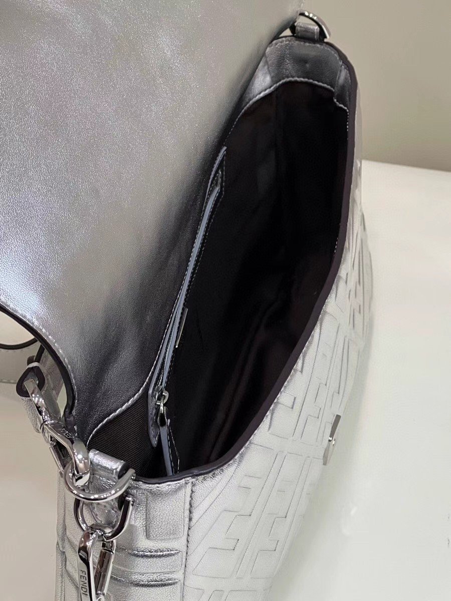 Fendi Large Baguette Bag In Silver FF Metallic Leather