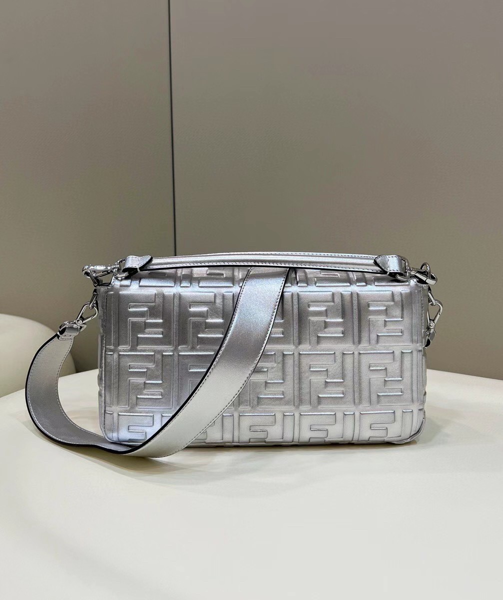 Fendi Large Baguette Bag In Silver FF Metallic Leather