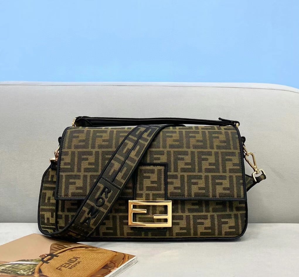 Fendi Large Baguette Bag In Brown FF Jacquard Fabric