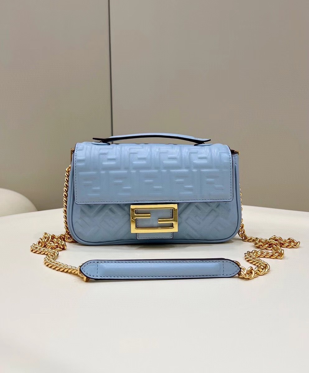 Fendi Baguette Chain Midi Bag In Blue Nappa Leather