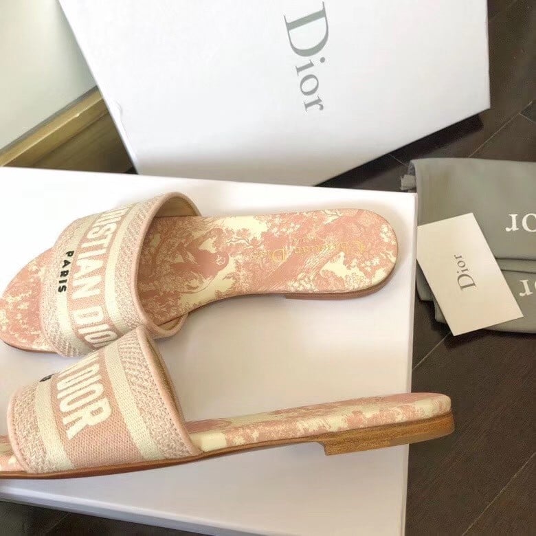 Dior Dway Slides In Pink Toile de Jouy Embroidered Cotton