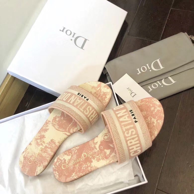 Dior Dway Slides In Pink Toile de Jouy Embroidered Cotton