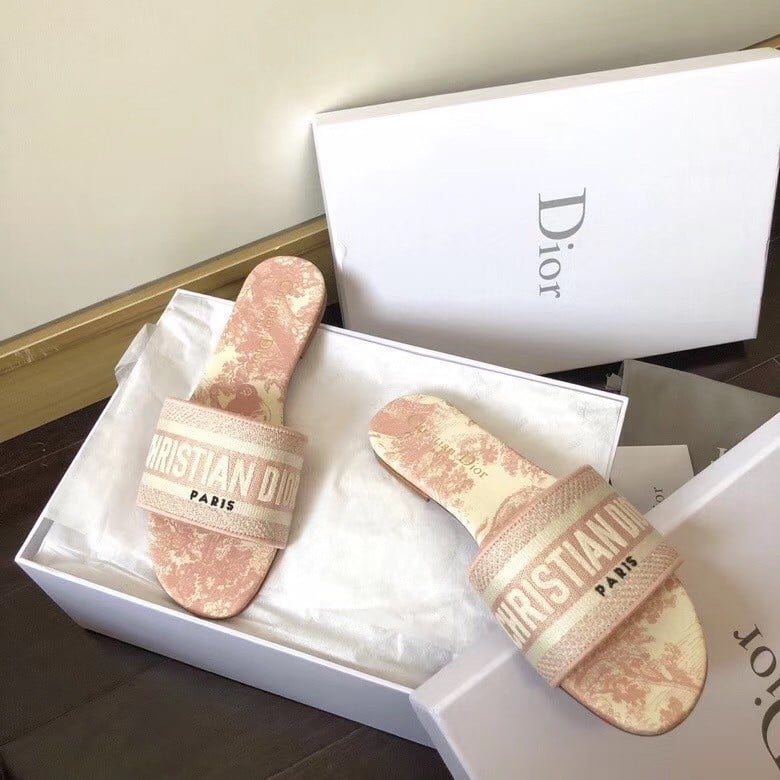 Dior Dway Slides In Pink Toile de Jouy Embroidered Cotton