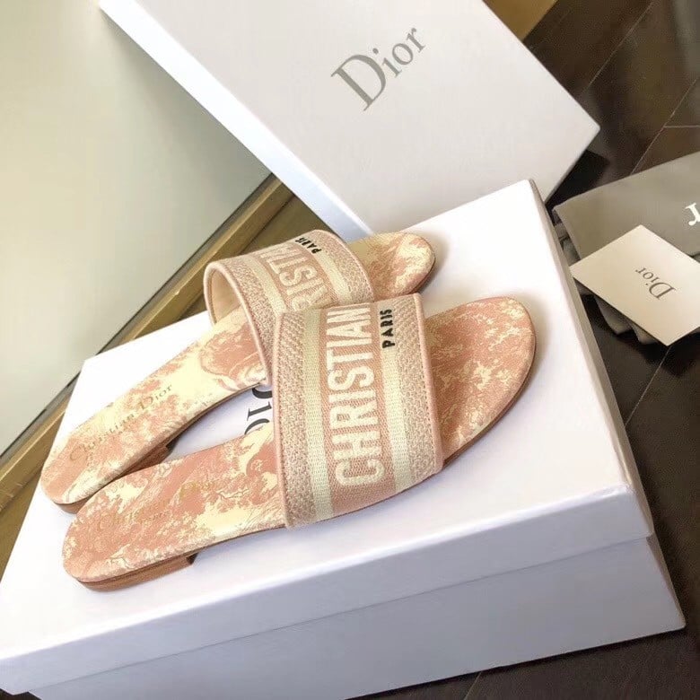 Dior Dway Slides In Pink Toile de Jouy Embroidered Cotton