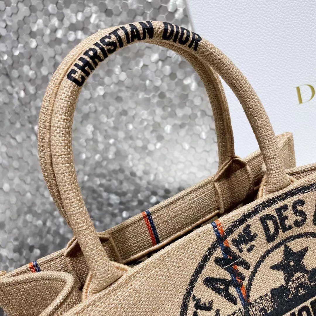 Dior Small Book Tote Bag In Beige Jute Canvas with Dior Union Motif