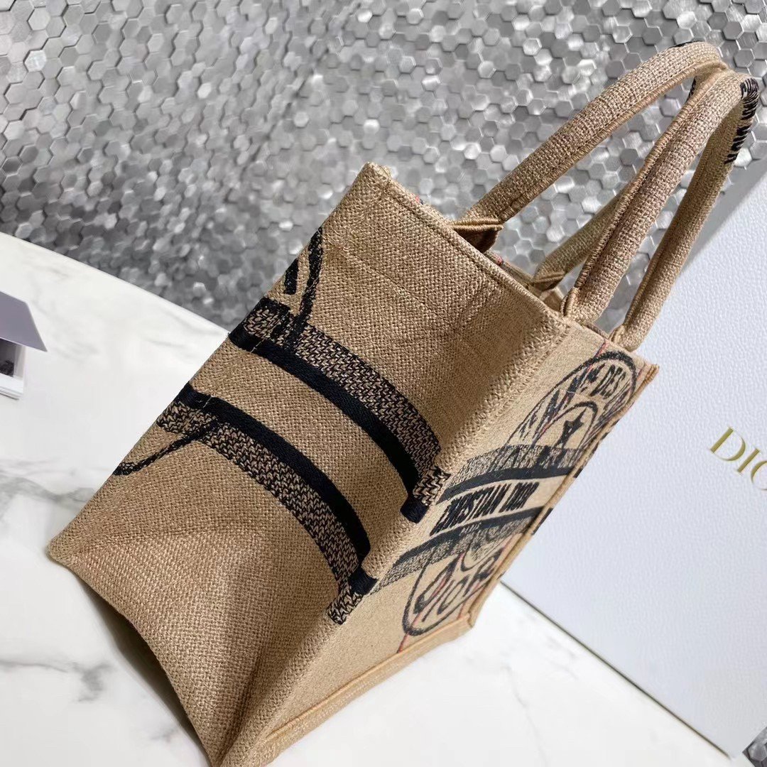 Dior Small Book Tote Bag In Beige Jute Canvas with Dior Union Motif