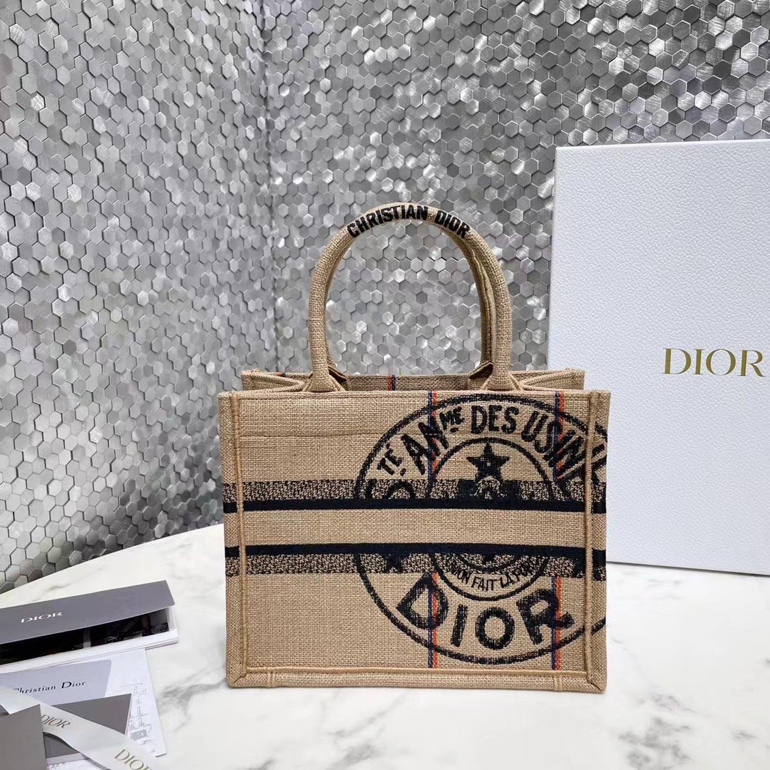 Dior Small Book Tote Bag In Beige Jute Canvas with Dior Union Motif