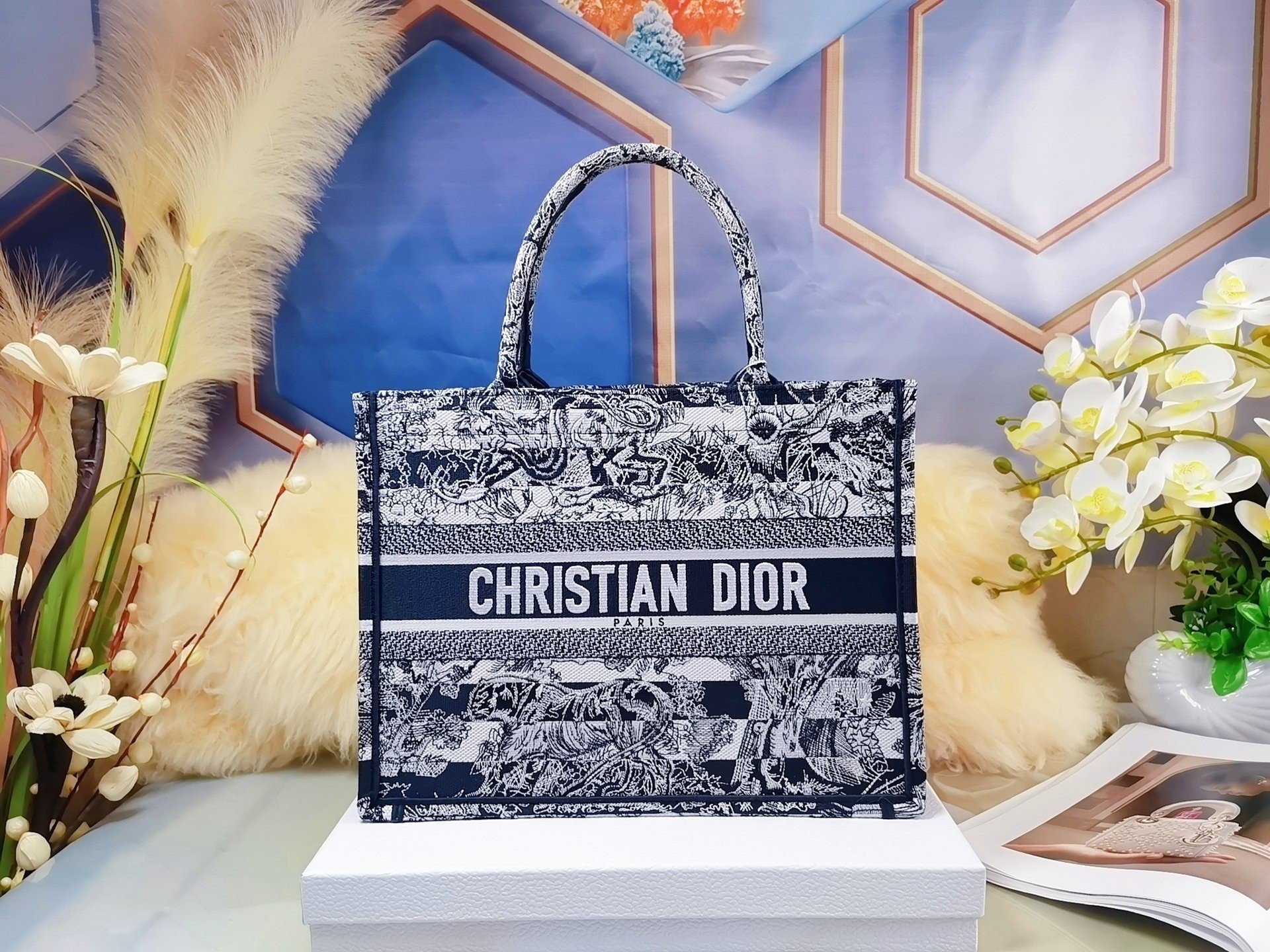 Dior Medium Book Tote Bag In Blue Toile de Jouy Stripes Embroidery