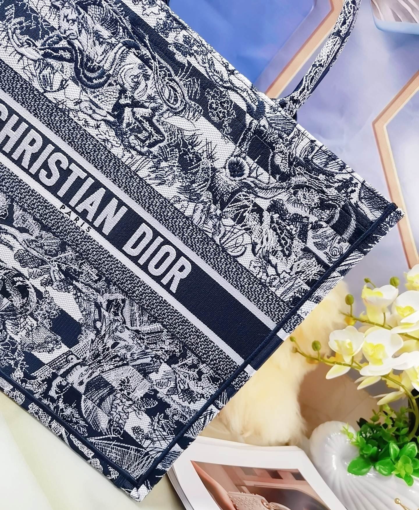 Dior Large Book Tote Bag In Blue Toile de Jouy Stripes Embroidery