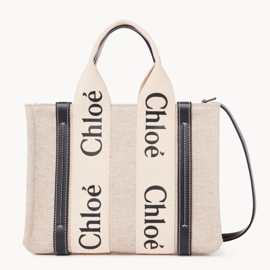 Chloe Small Woody Tote Bag in Canvas with Blue Leather Strips