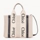 Chloe Small Woody Tote Bag in Canvas with Blue Leather Strips