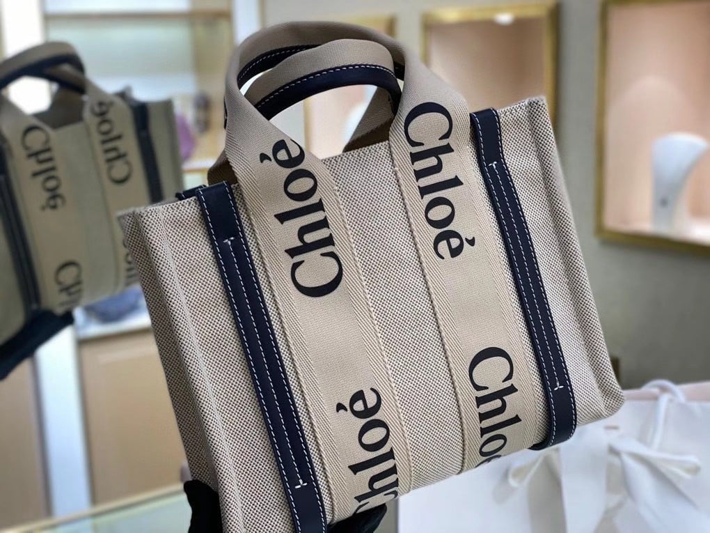 Chloe Small Woody Tote Bag in Canvas with Blue Leather Strips