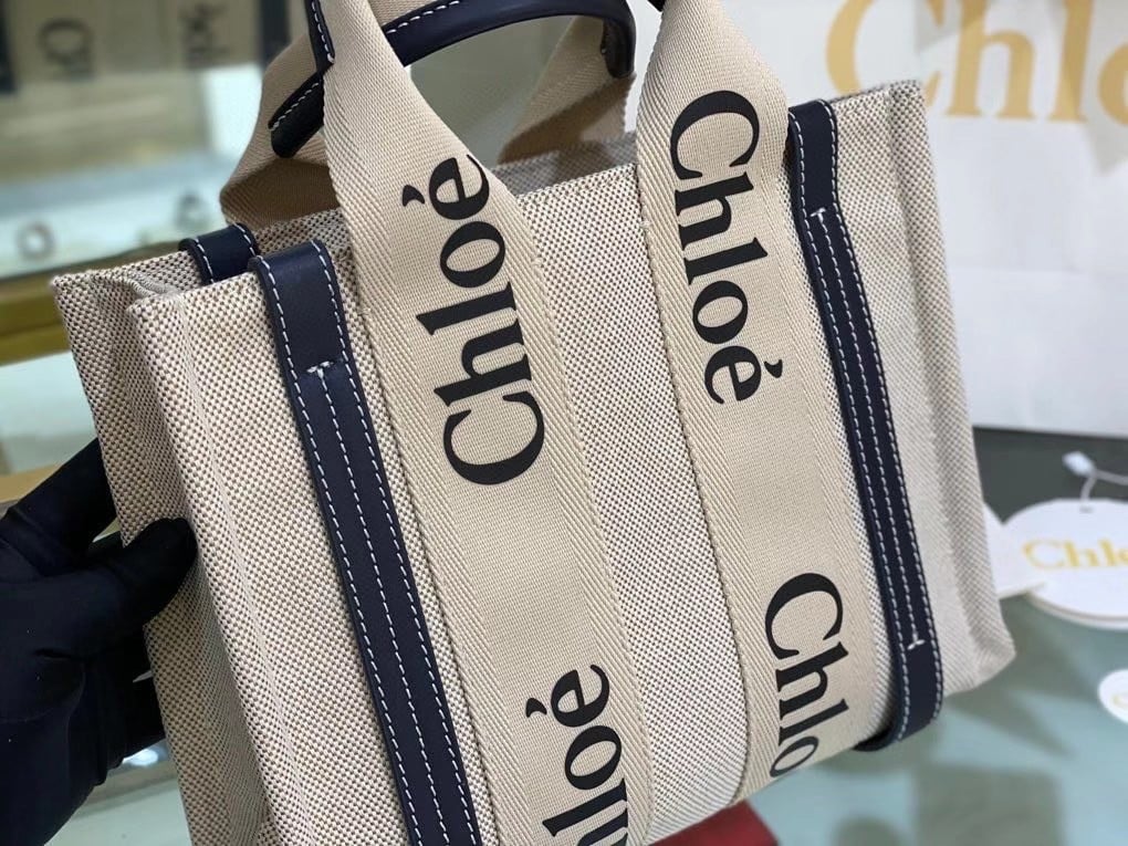 Chloe Small Woody Tote Bag in Canvas with Blue Leather Strips