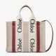 Chloe Small Woody Tote Bag in Canvas with Camel Leather Strips