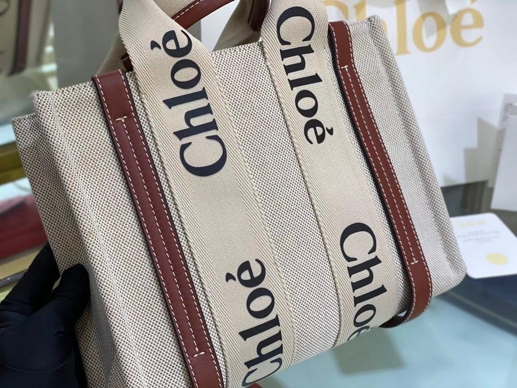 Chloe Small Woody Tote Bag in Canvas with Camel Leather Strips