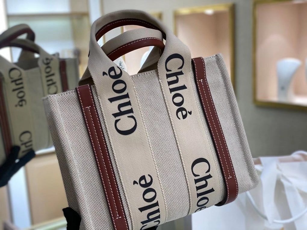 Chloe Small Woody Tote Bag in Canvas with Camel Leather Strips