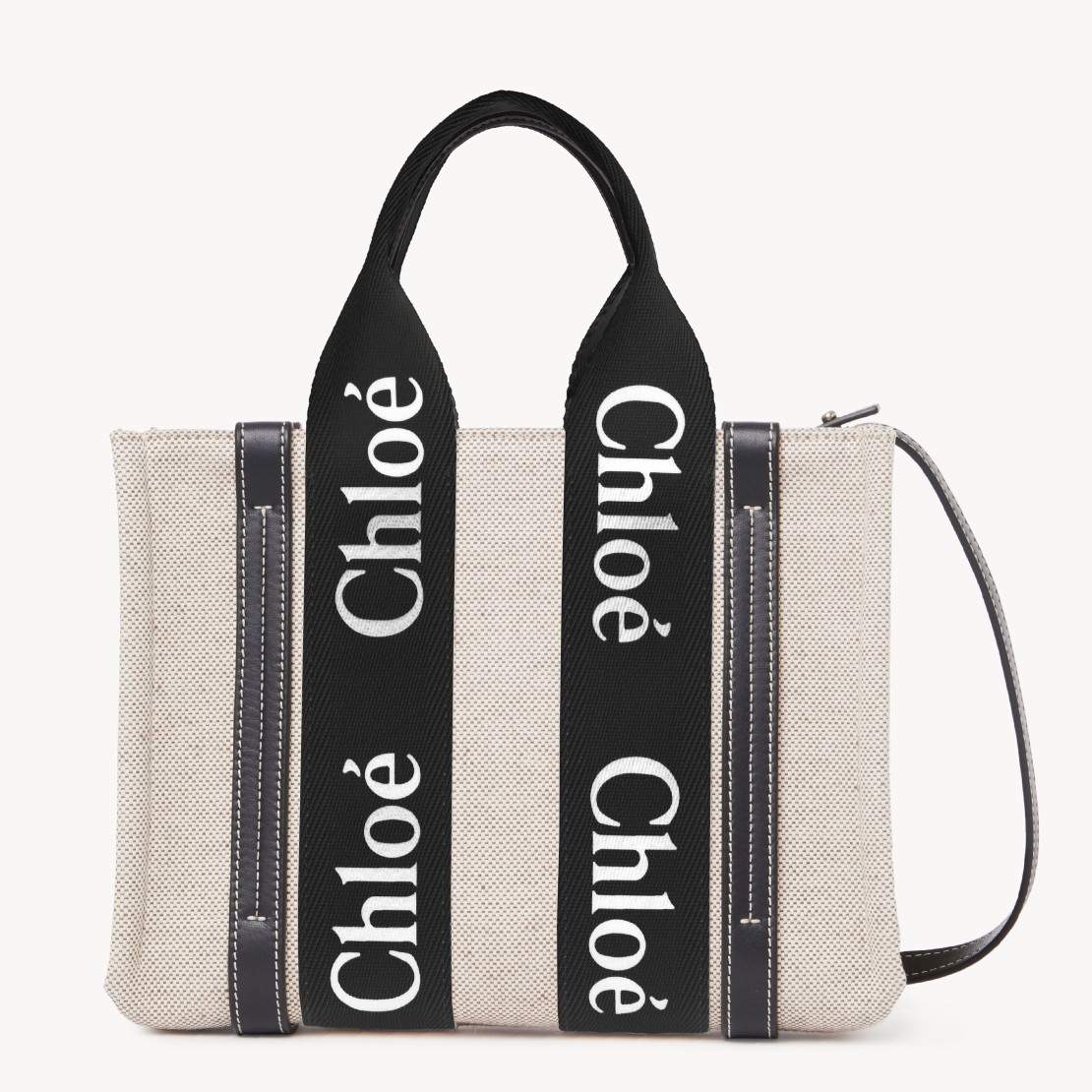 Chloe Small Woody Tote Bag in Canvas with Black Leather Strips