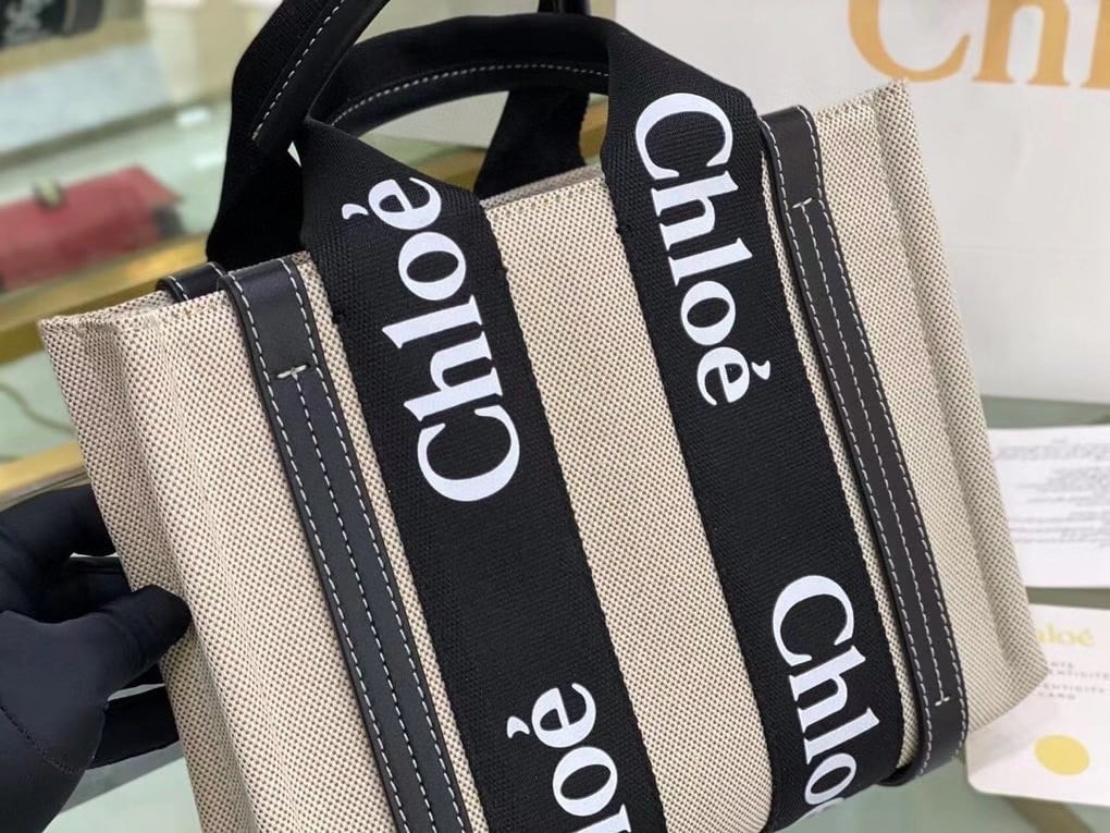 Chloe Small Woody Tote Bag in Canvas with Black Leather Strips